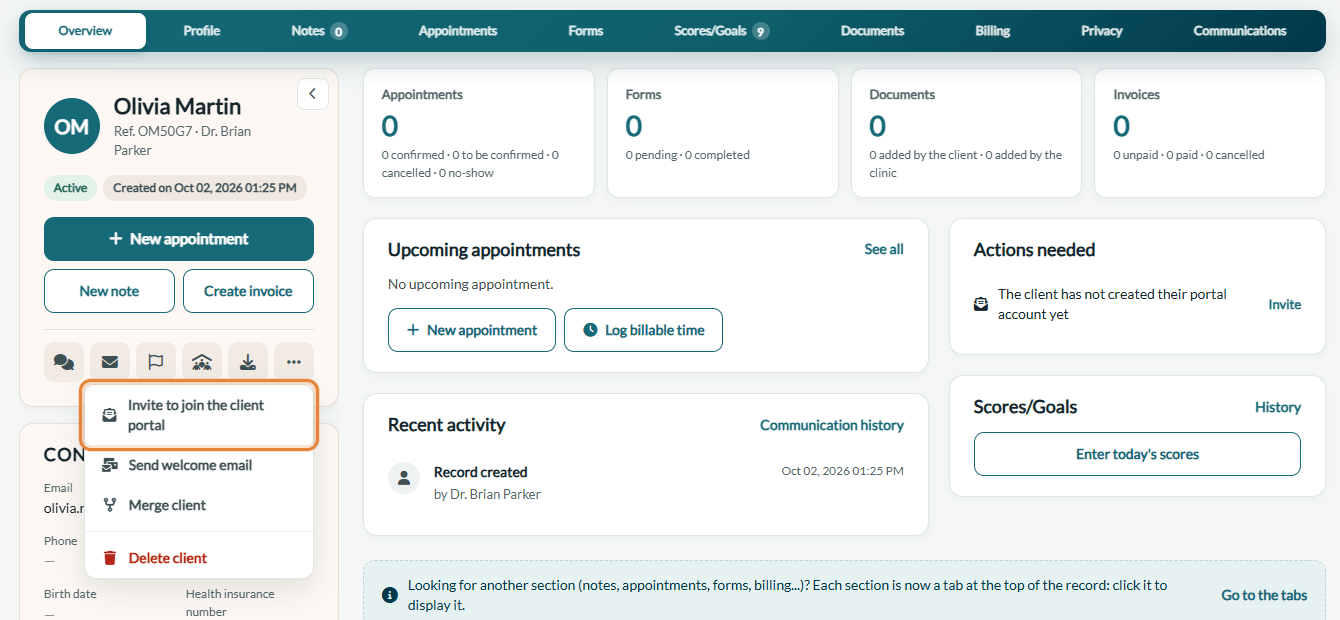 Invite to join the client portal option in the More actions menu of a client record