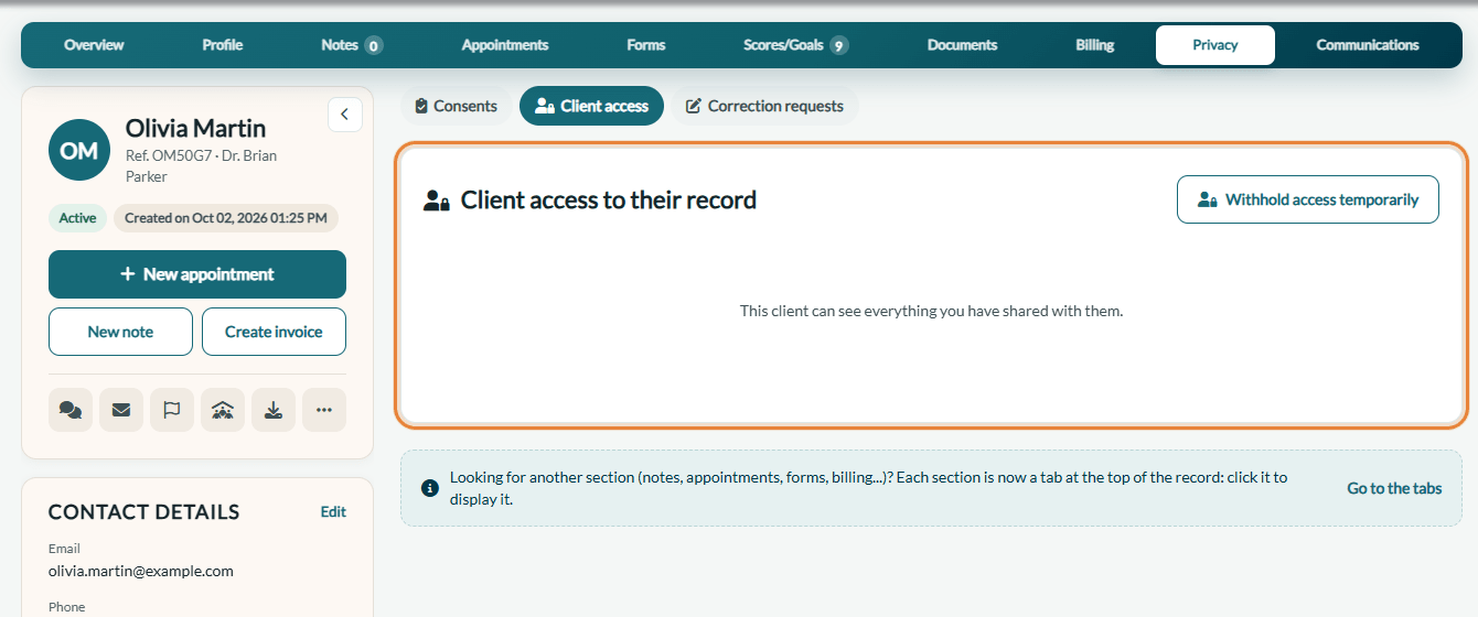 Client access sub-tab of the Privacy tab with the Withhold access temporarily button
