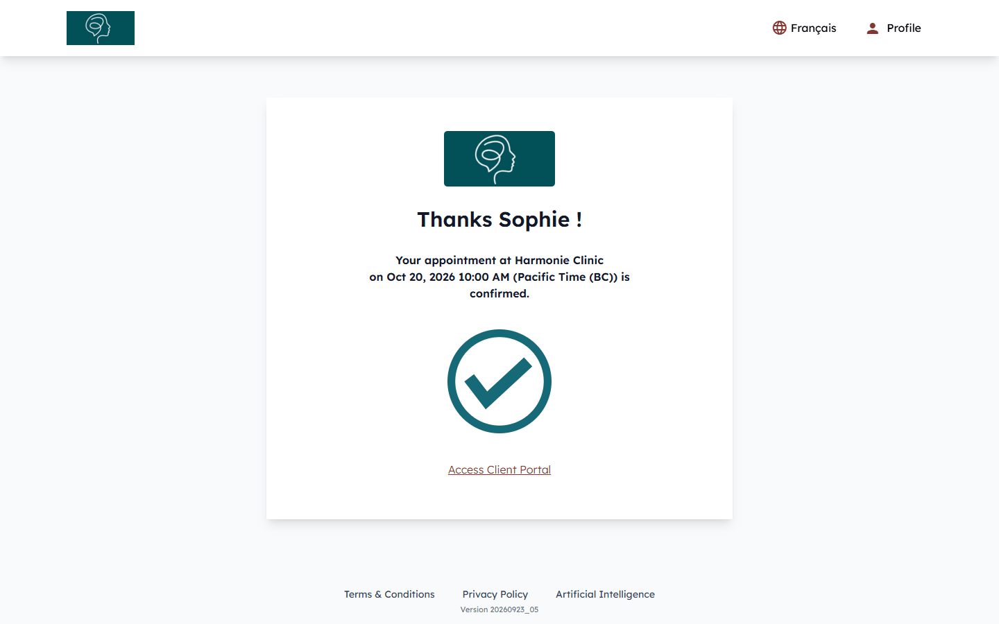 Page shown after clicking the confirmation link: your appointment is confirmed