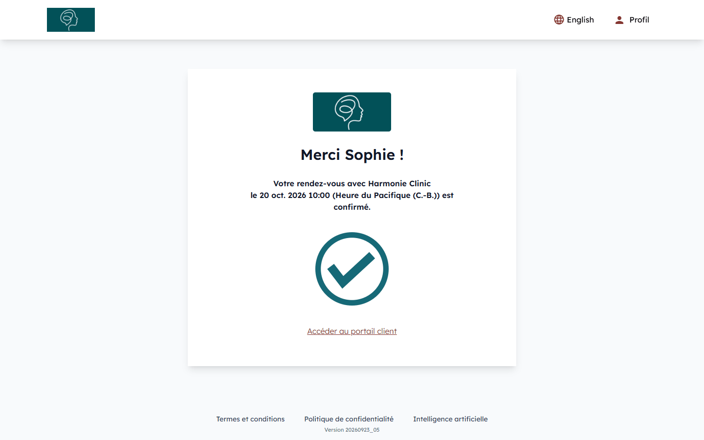 Page affichée après un clic sur le lien de confirmation : votre rendez-vous est confirmé