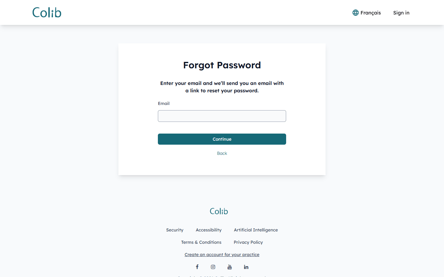 Forgot Password page of the client portal