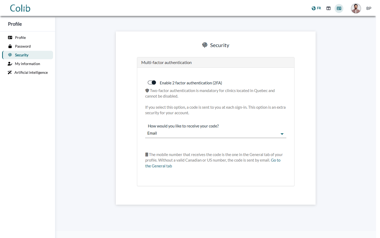Profile > Security in the client portal: two-factor authentication