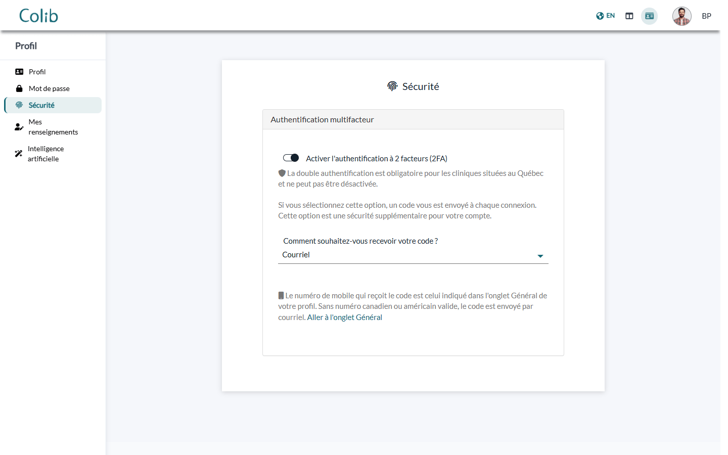 Profil > Sécurité dans le portail client : authentification à deux facteurs
