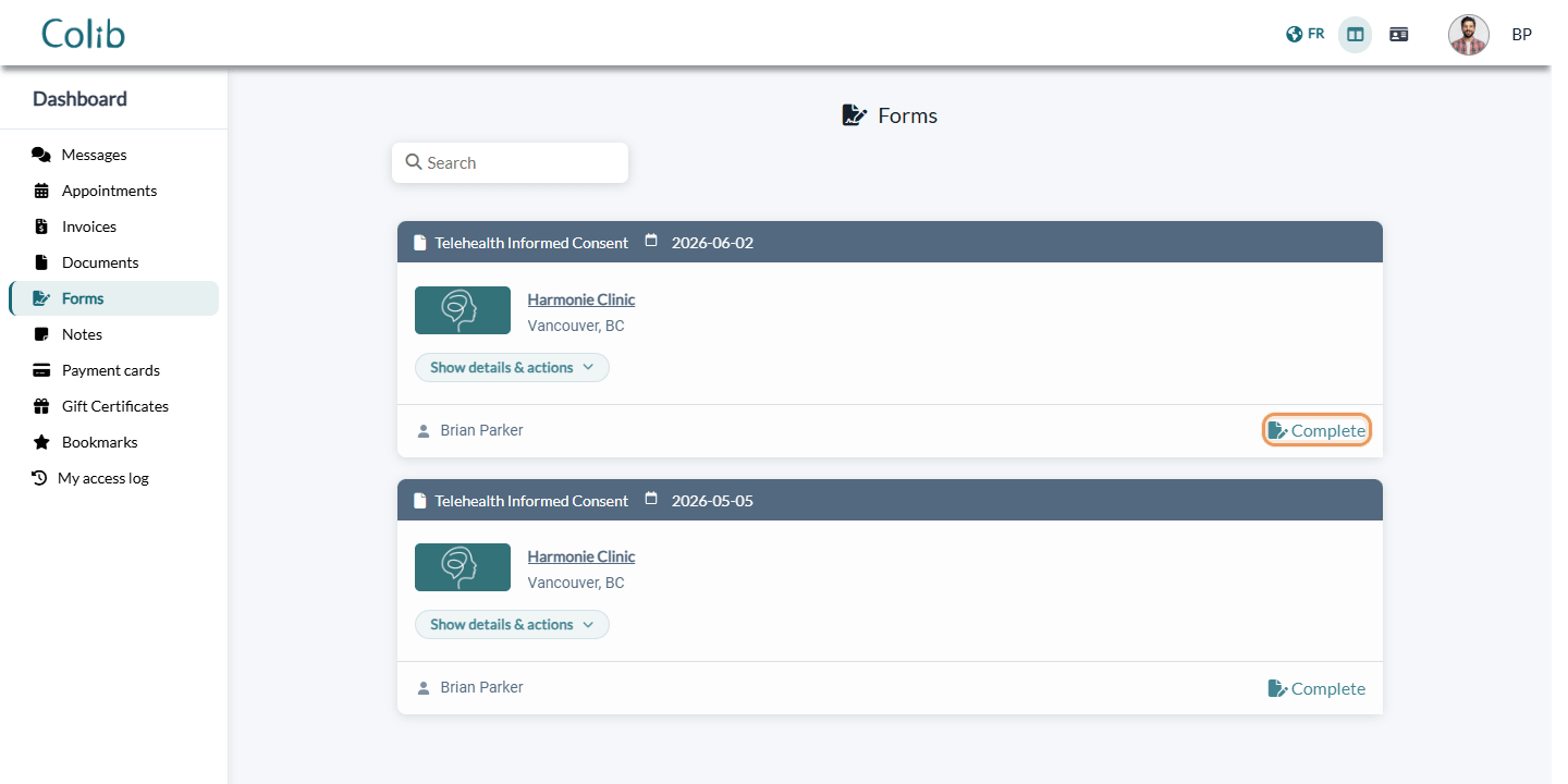 Forms tab of the client portal with the Complete button