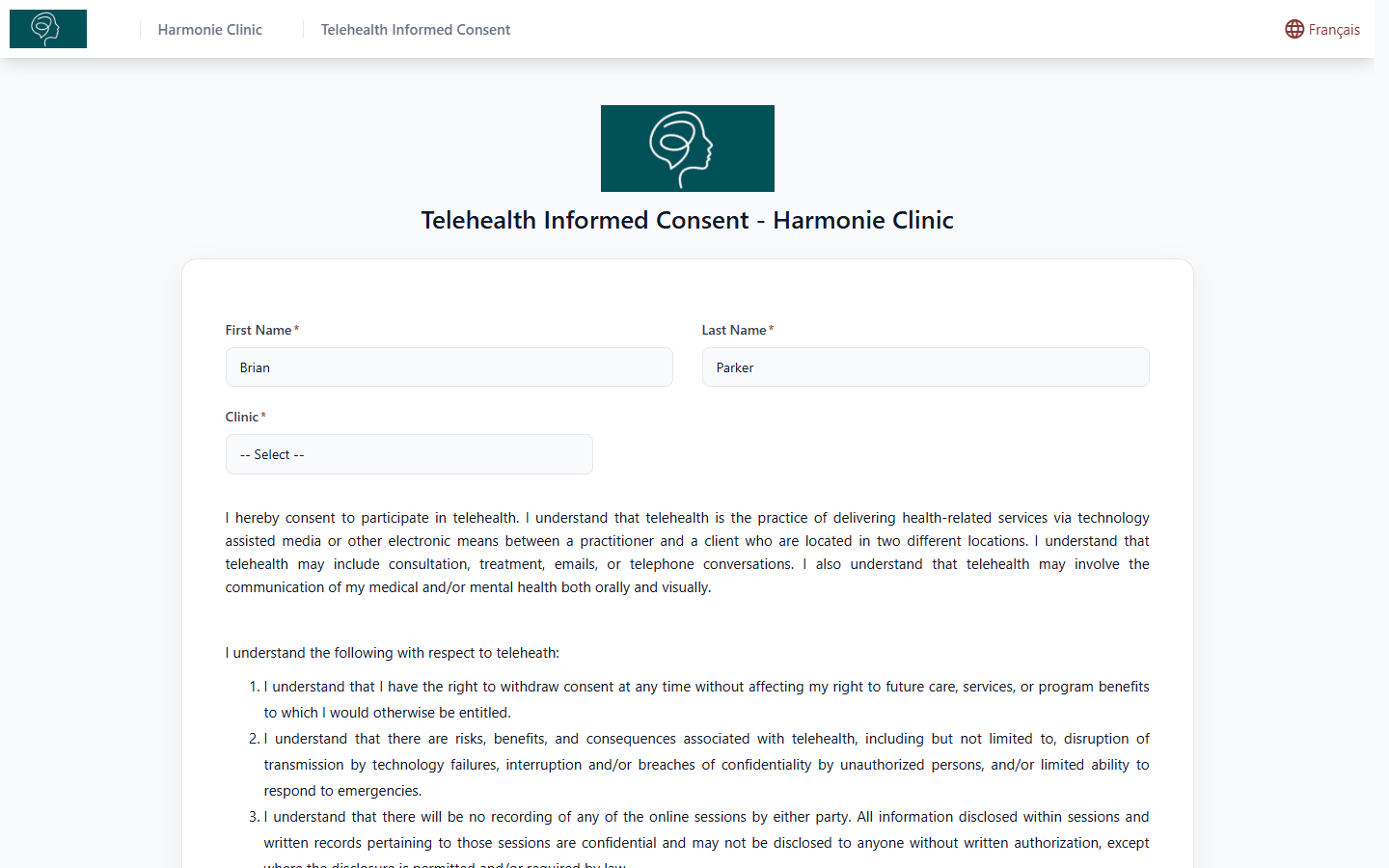 Top of a form with the first name, last name and clinic fields