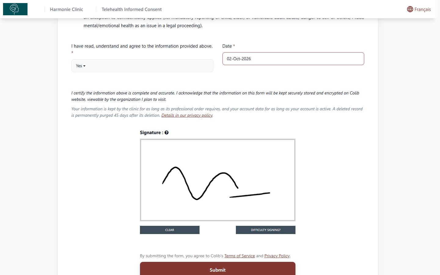 Signature box of the form, with the Clear and Difficulty Signing? buttons and the Submit button