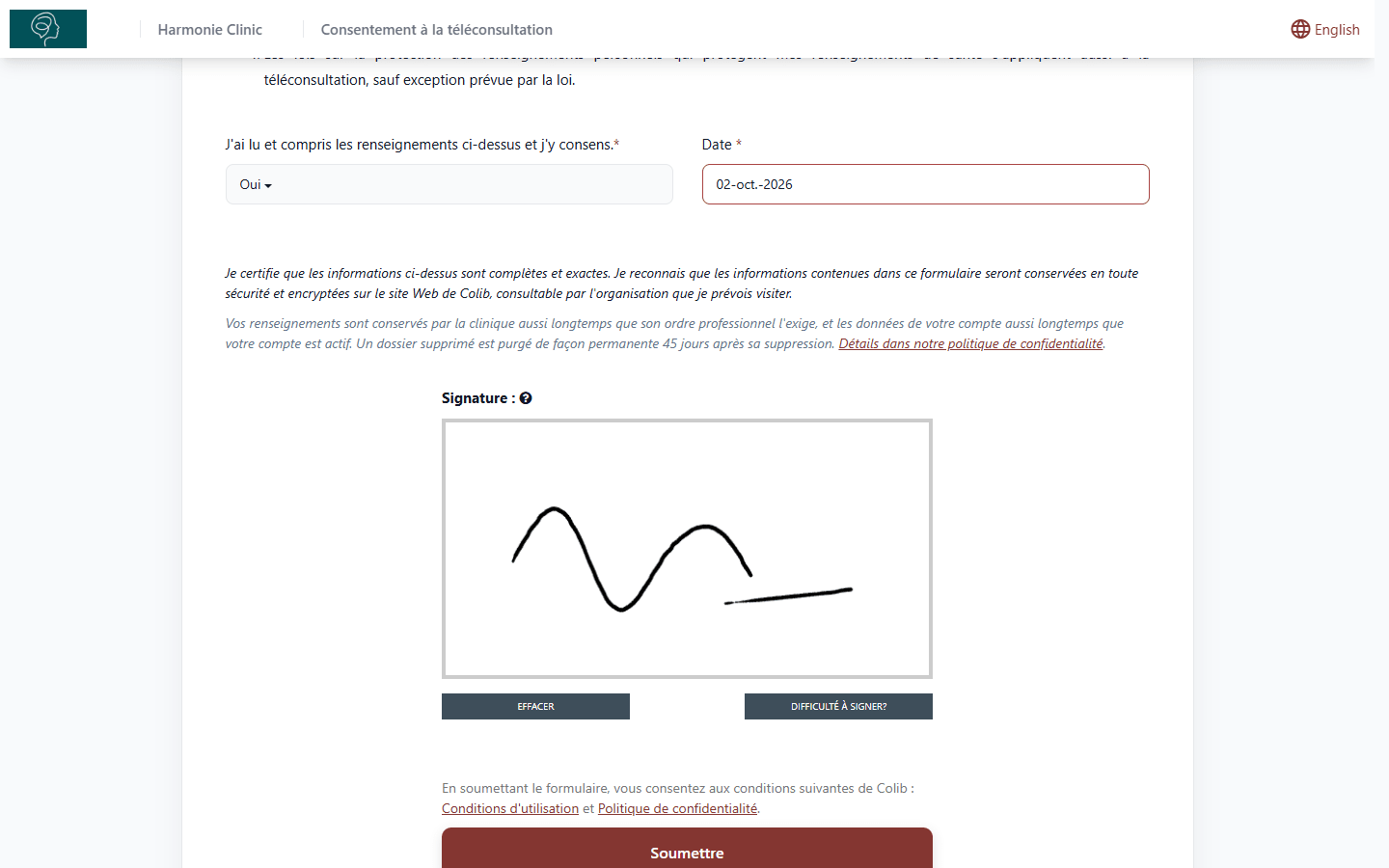 Case de signature du formulaire, avec les boutons Effacer et Difficulté à signer? et le bouton Soumettre