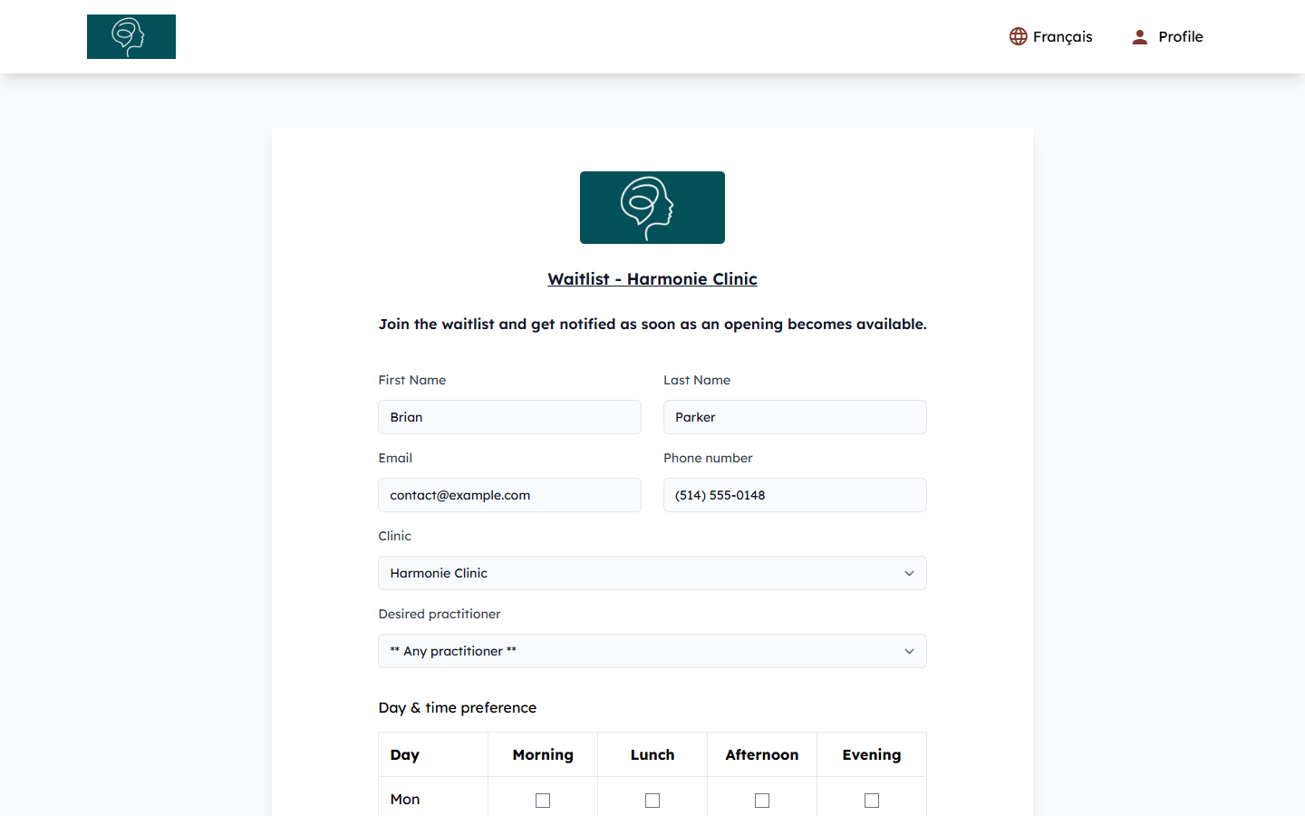 Waitlist form with the contact details, the clinic and the desired practitioner