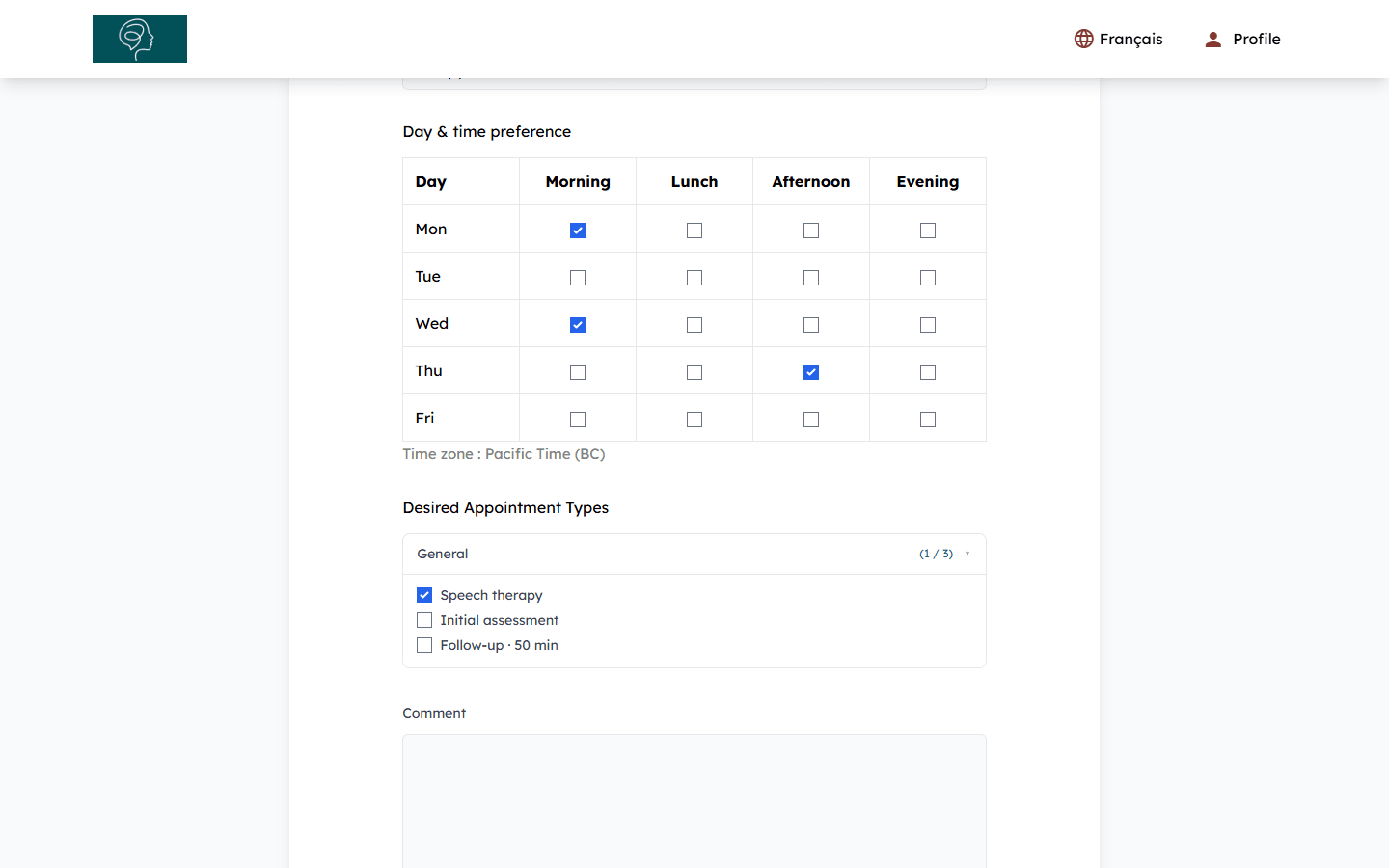 Day and time preference grid and desired appointment types