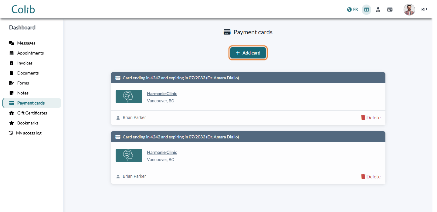 Payment cards tab of the client portal with the Add card button