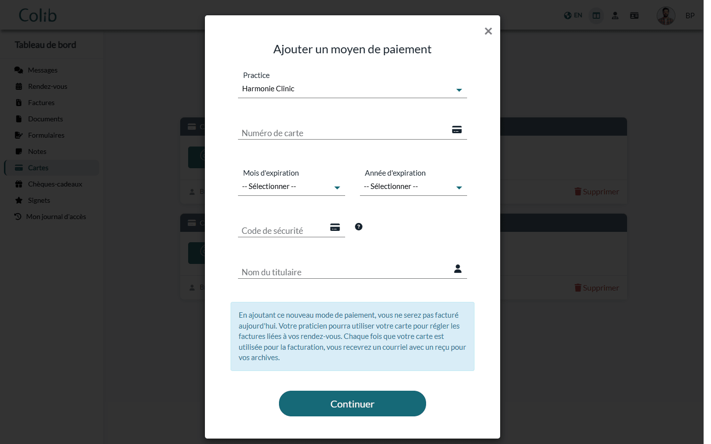 Fenêtre Ajouter un moyen de paiement