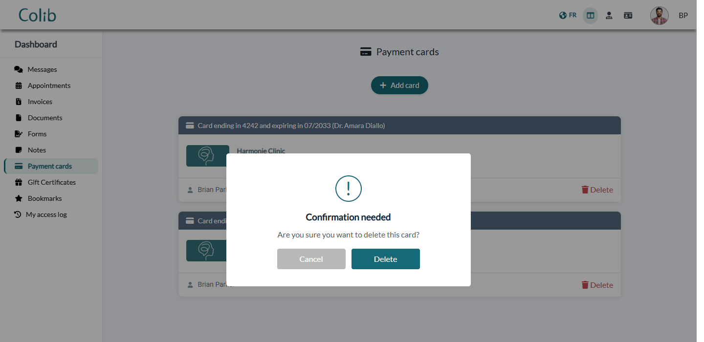 Confirmation window to delete a card