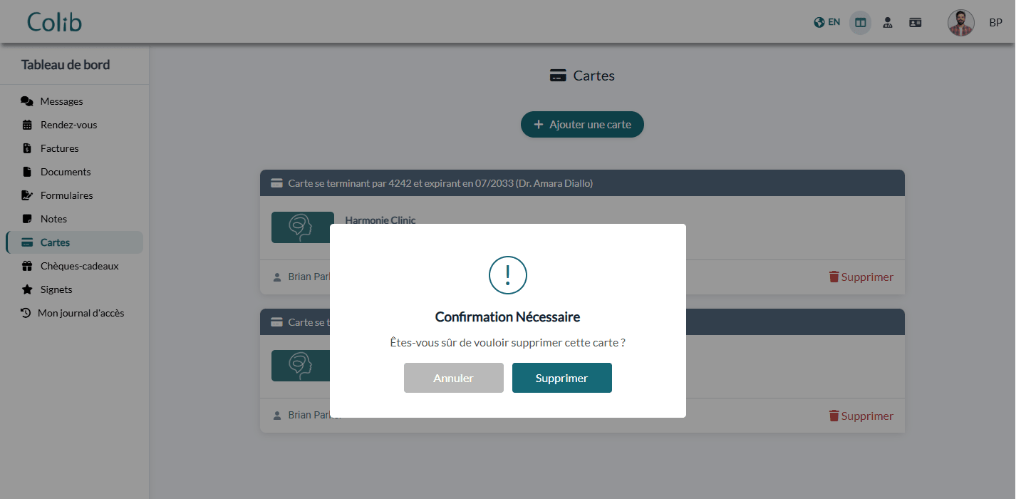 Fenêtre de confirmation de suppression d'une carte