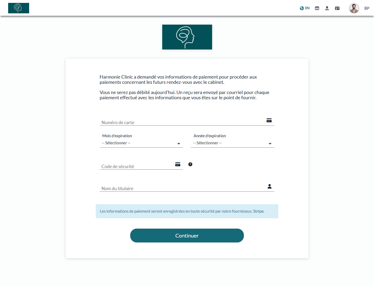 Page ouverte depuis le courriel pour saisir vos informations de paiement