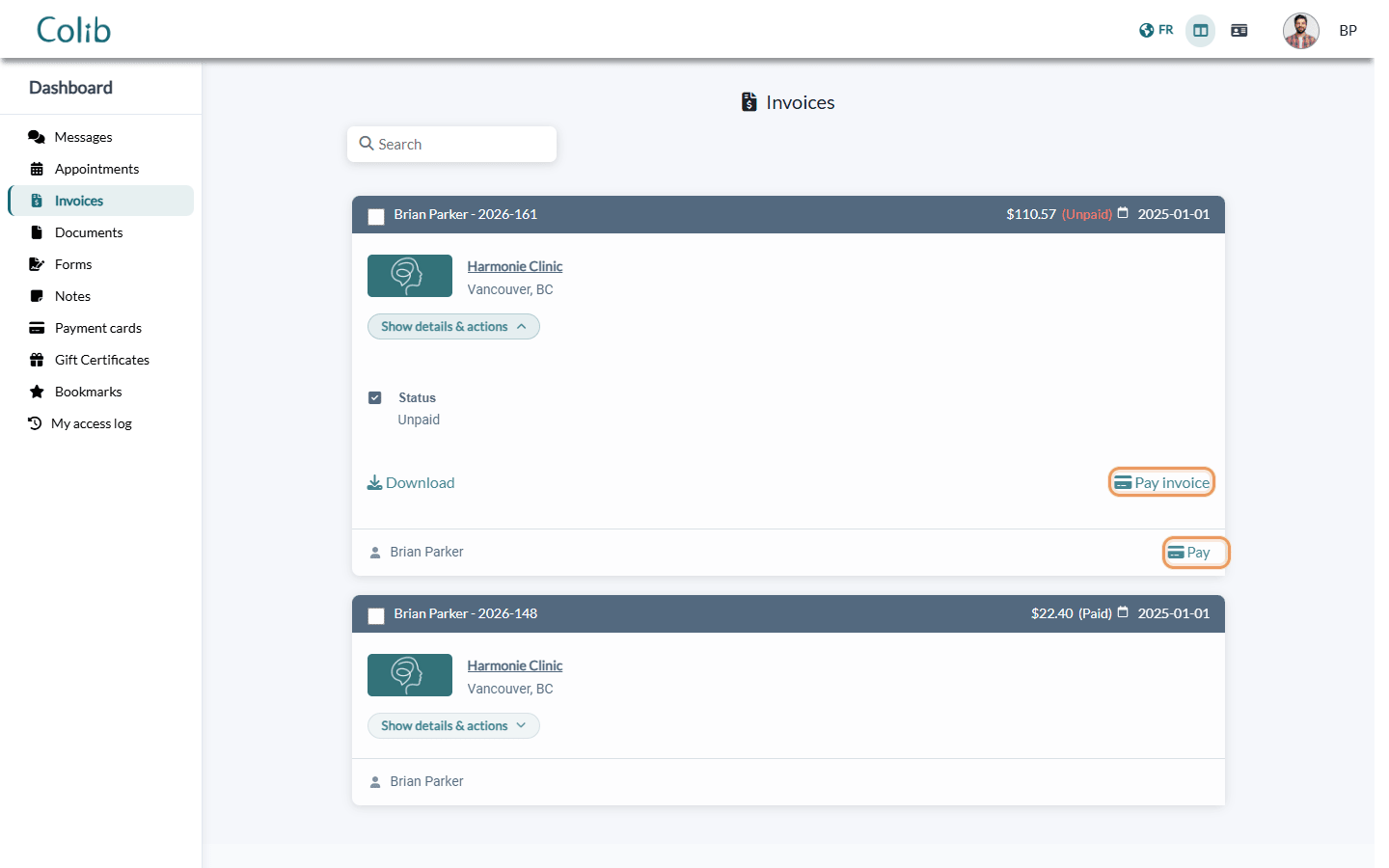 Invoices tab of the client portal with the Pay invoice and Pay buttons
