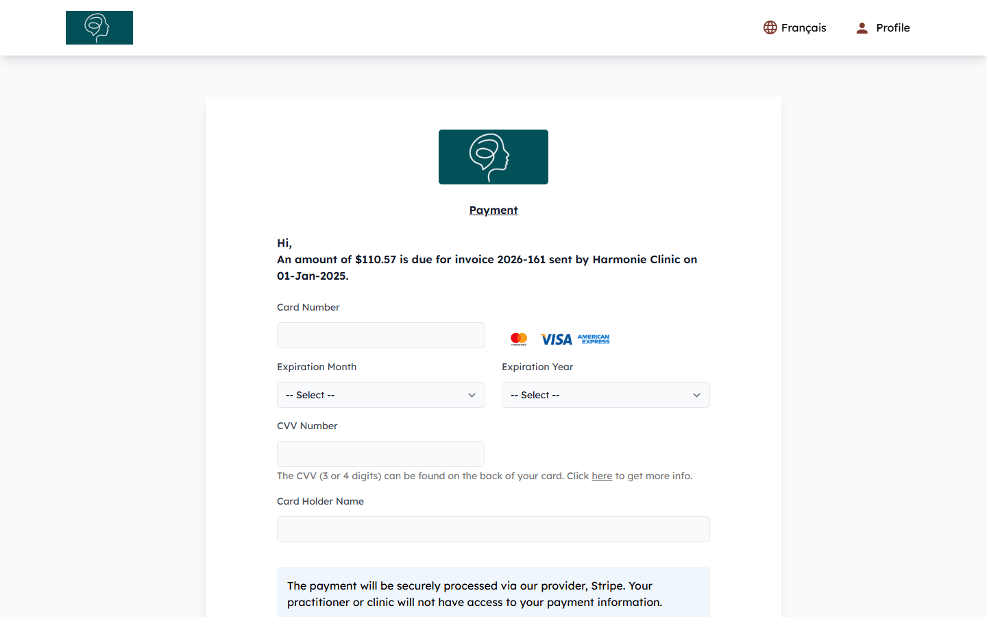 Payment page with the amount due and the card fields