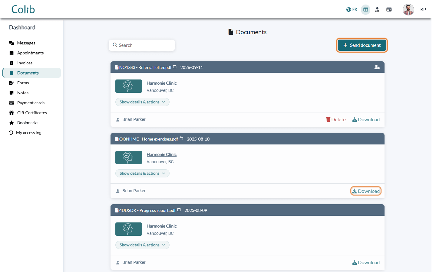 Documents tab of the client portal with the Send document and Download buttons