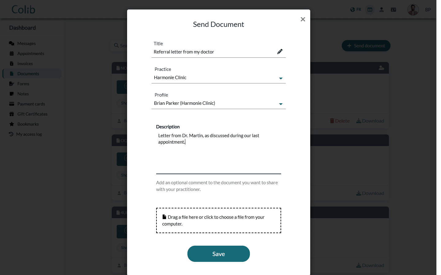 Send Document window with the title and the description filled in