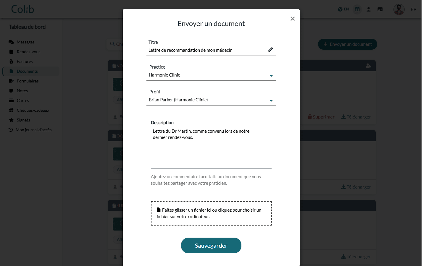 Fenêtre Envoyer un document avec le titre et la description remplis