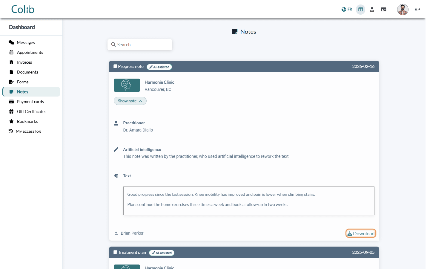 Notes tab of the client portal with a note open and the Download button