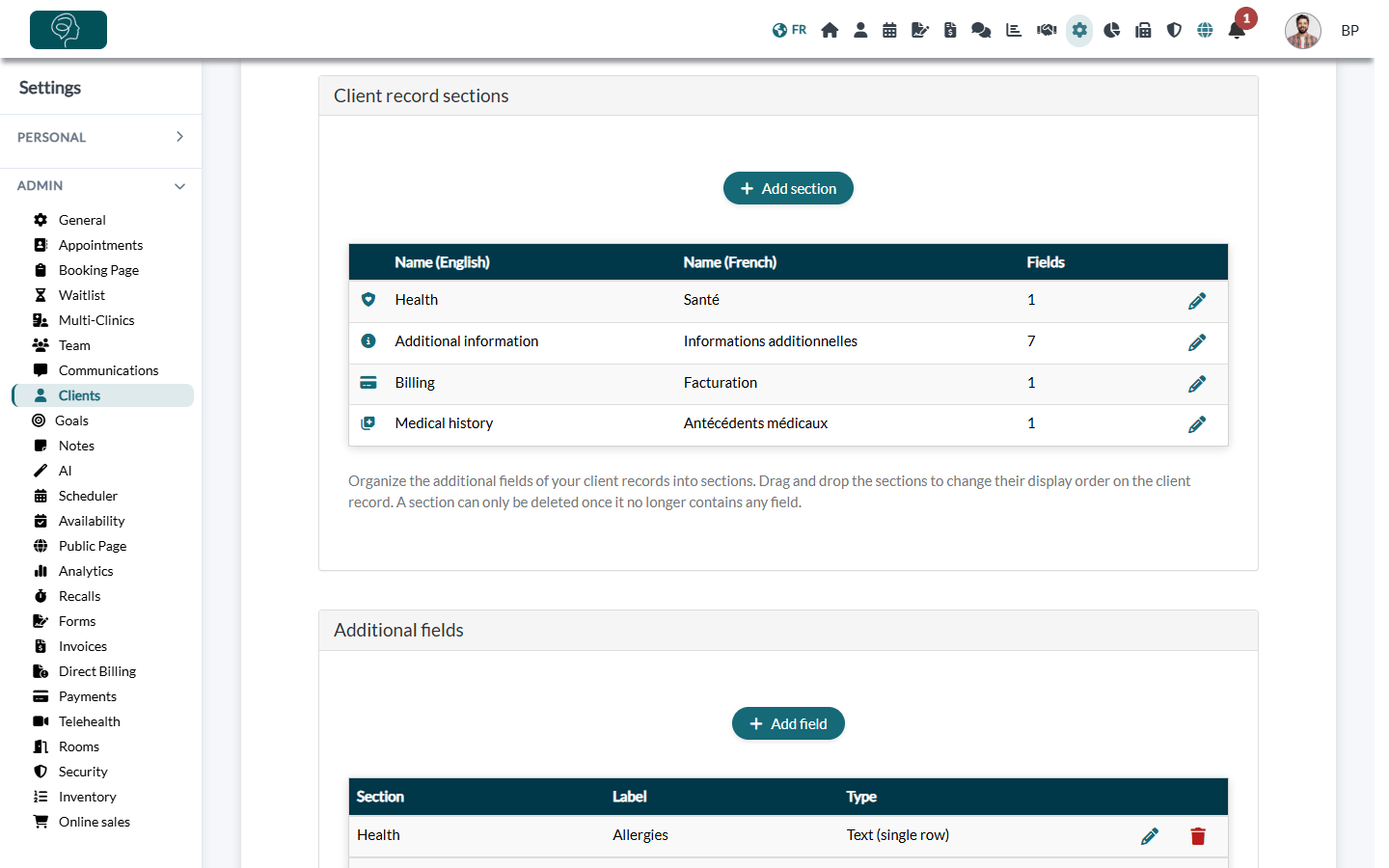 Client record sections and Additional fields in Settings > Clients
