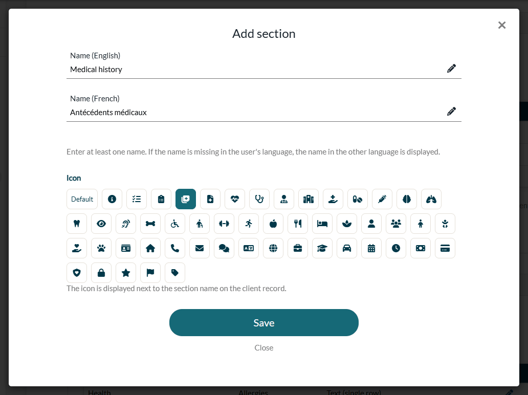 Add section window with the names in English and in French and the icons