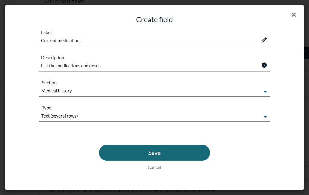 Create field window with the Section list