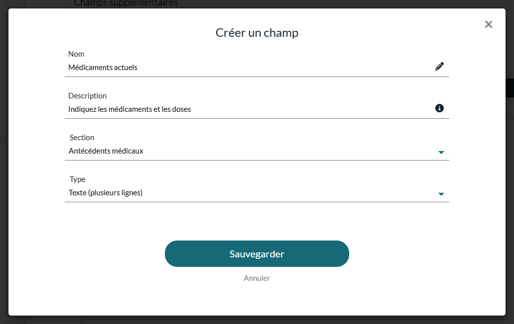 Fenêtre Créer un champ avec la liste Section