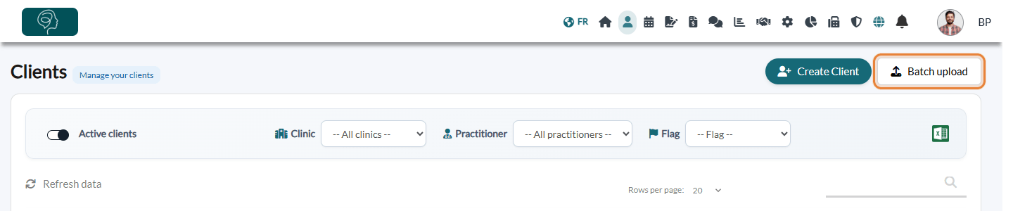 Batch upload button in the client list
