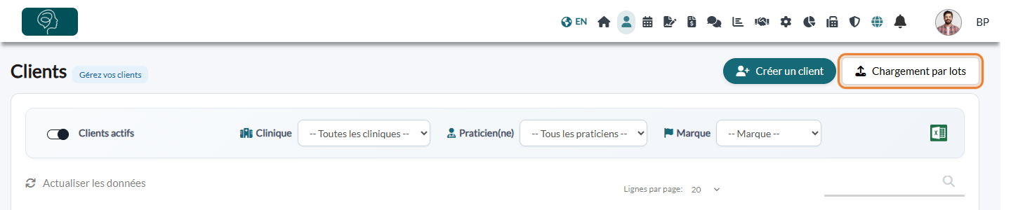 Bouton Chargement par lots dans la liste des clients