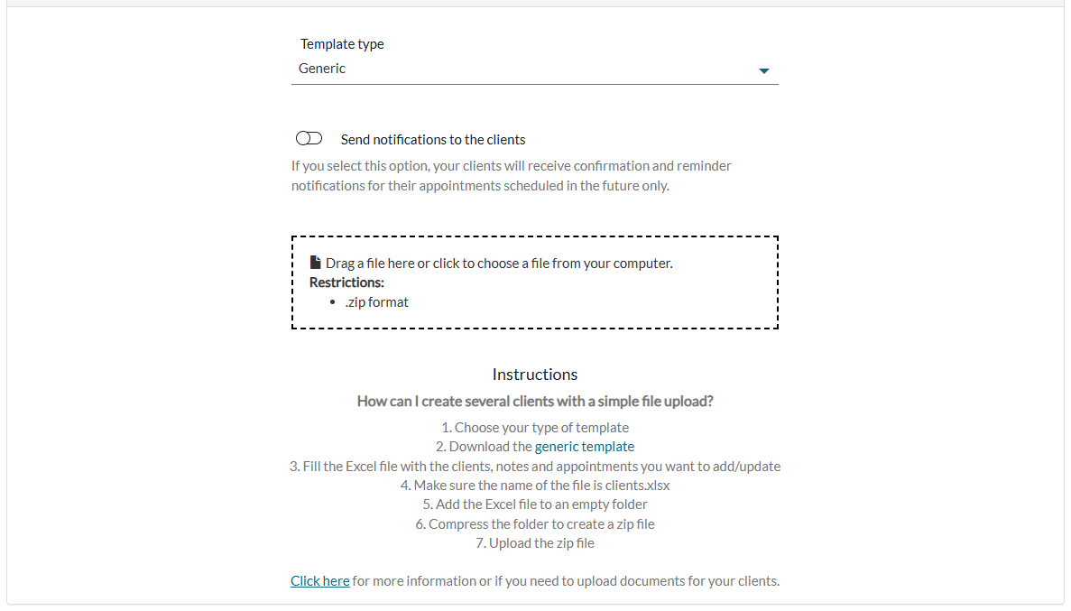 Batch upload page with the template type, the notification option and the drop zone