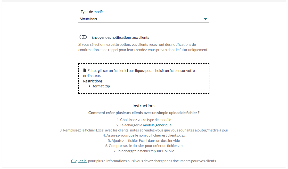 Page Chargement par lots avec le type de modèle, l'option de notifications et la zone de dépôt