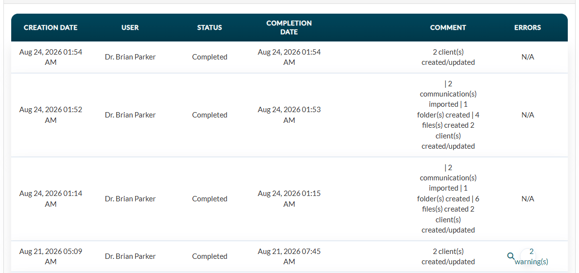 Logs of the batch uploads with their status and summary