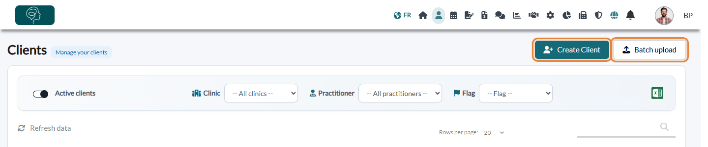 Create Client and Batch upload buttons in the client list