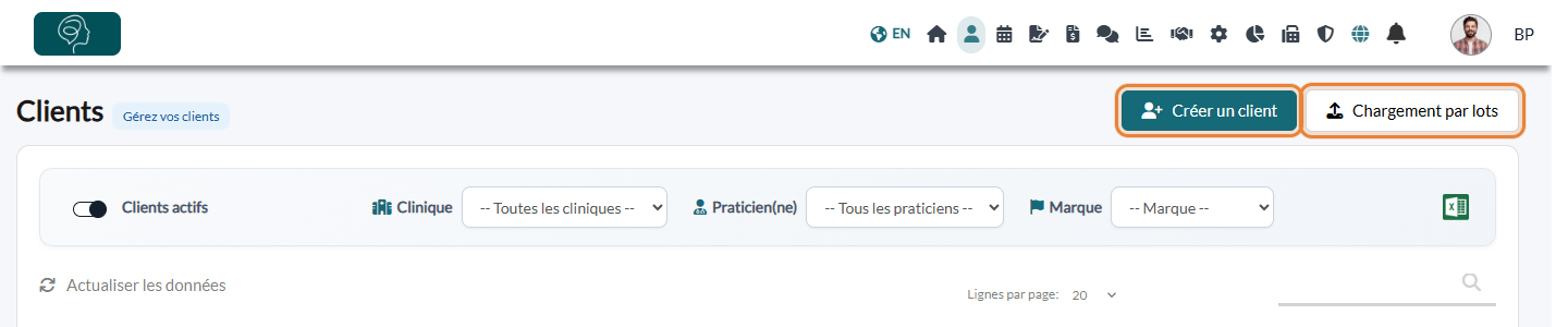 Boutons Créer un client et Chargement par lots dans la liste des clients