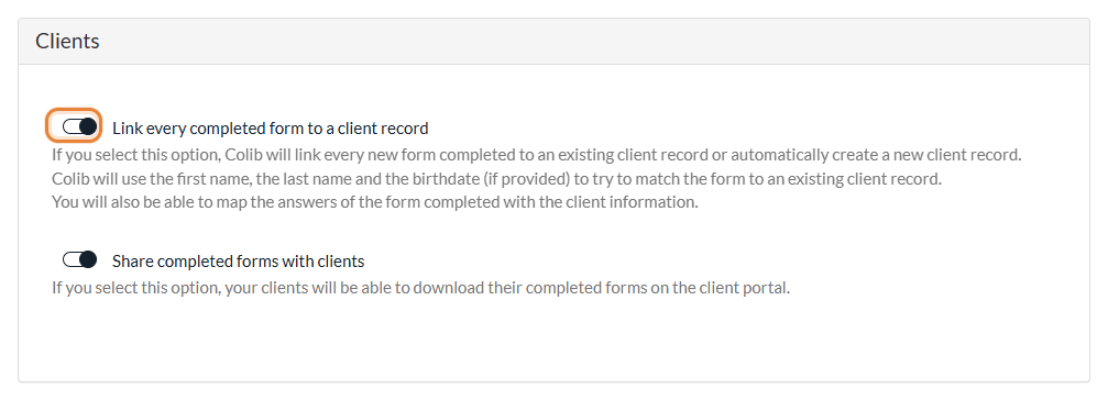 Link every completed form to a client record option in Settings > Forms