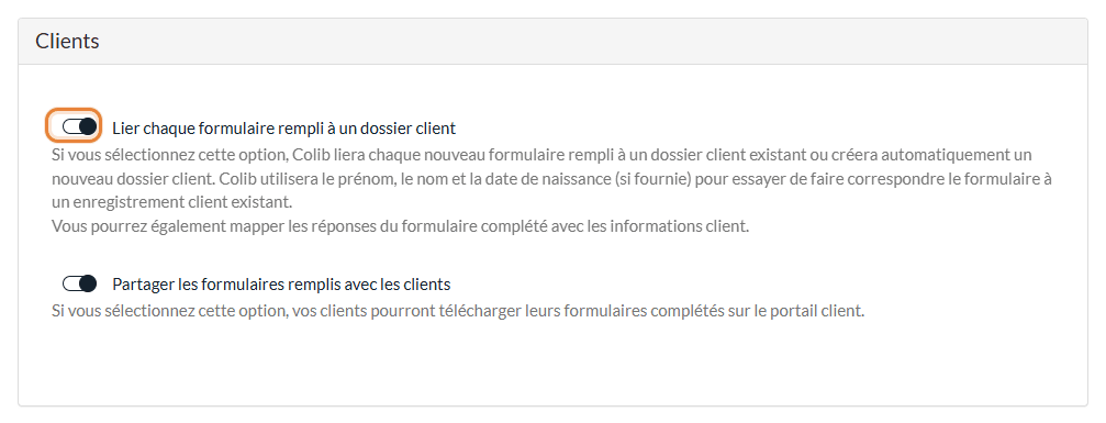 Option Lier chaque formulaire rempli à un dossier client dans Réglages > Formulaires
