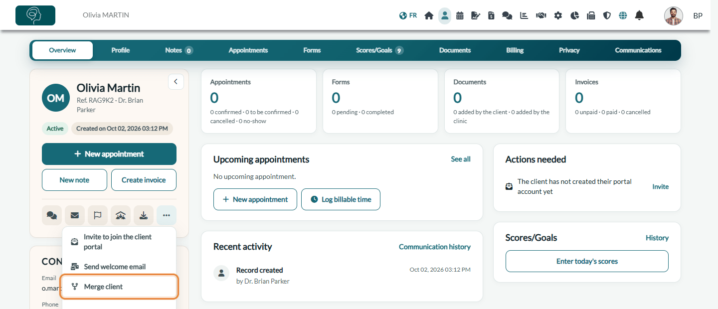 Merge client in the More actions menu of a client record