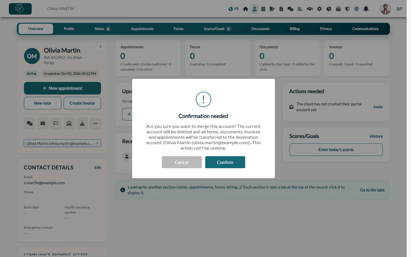 Confirmation window before merging two client records