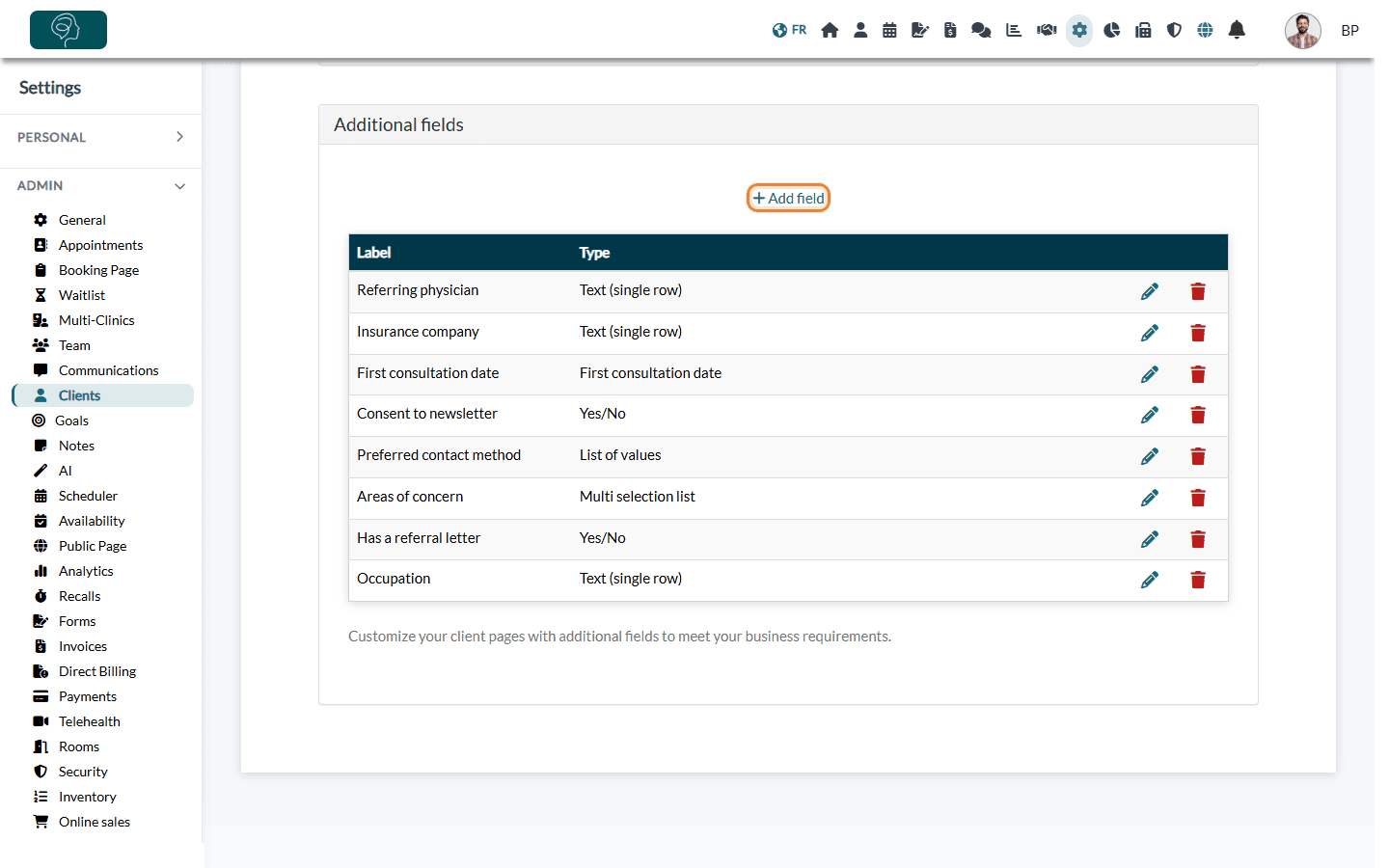 Additional fields section in Settings > Clients