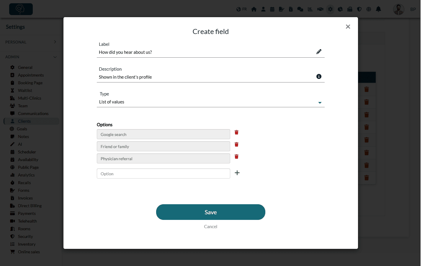 Create field window with a list of values
