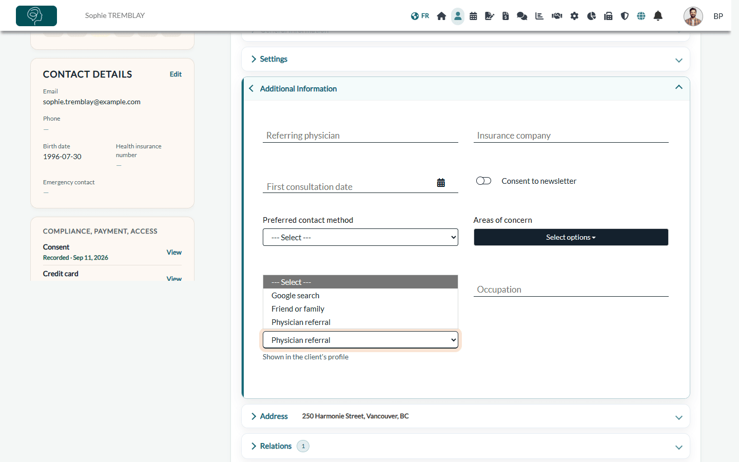 Additional Information section in the Profile tab of a client record