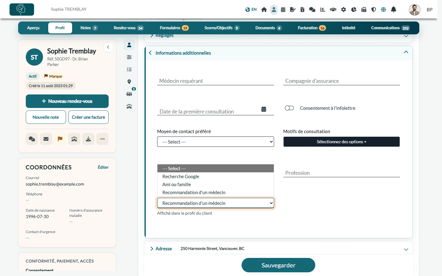 Section Informations additionnelles dans l'onglet Profil d'un dossier client