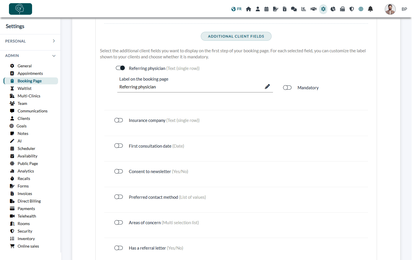 Additional client fields section in Settings > Booking Page