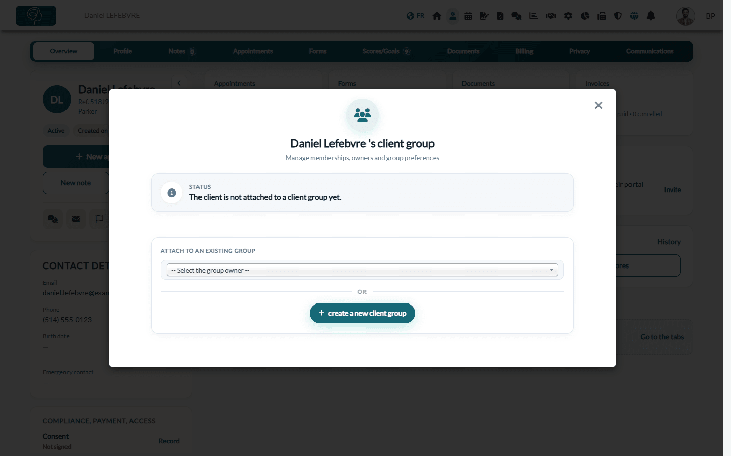 Client group window of a client who is not in a group yet