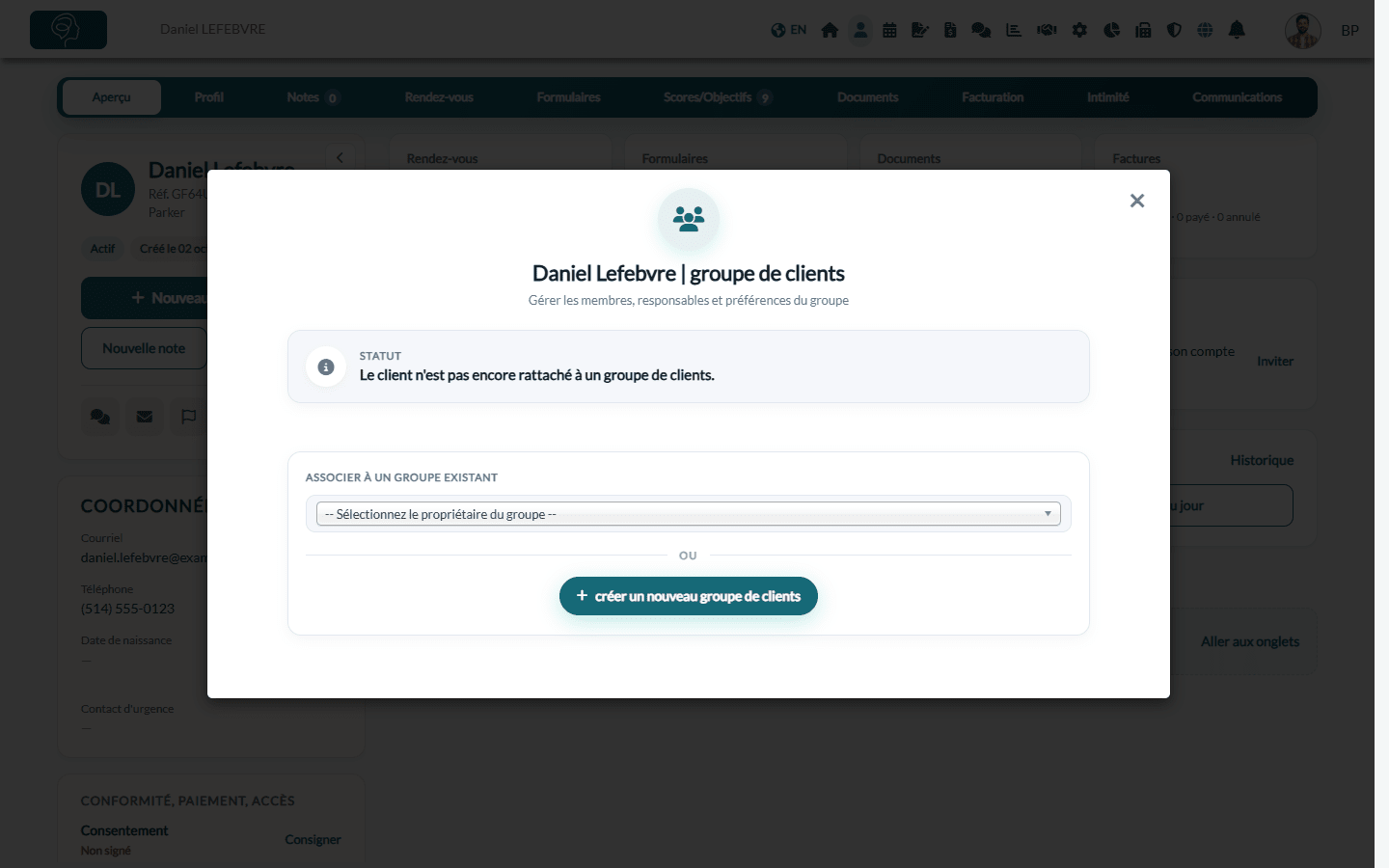 Fenêtre du groupe de clients d'un client qui ne fait partie d'aucun groupe