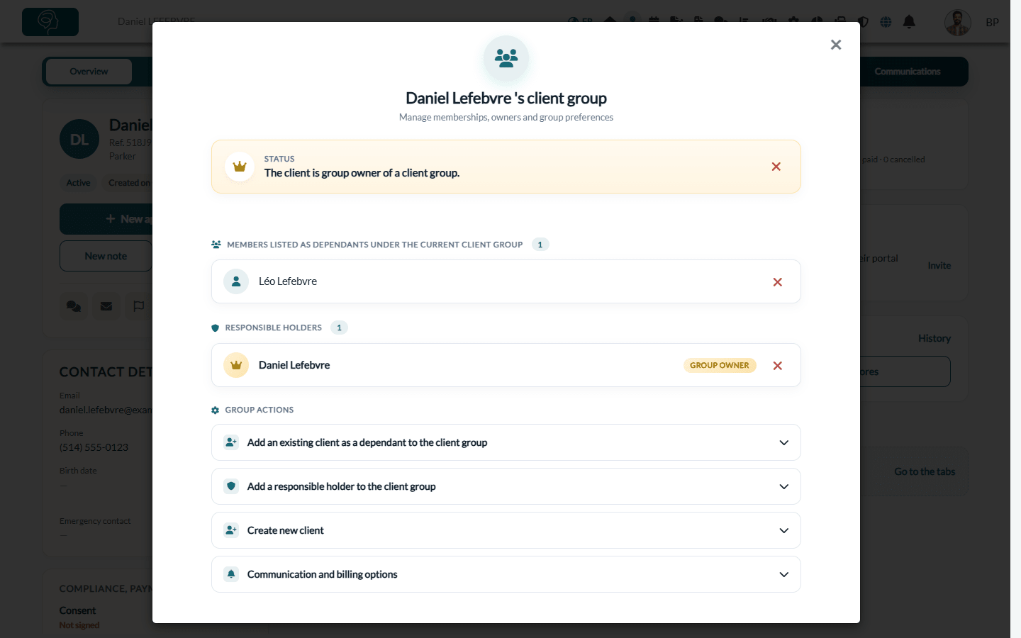 Client group with its dependant, its group owner and the group actions