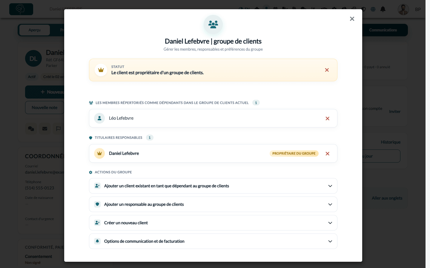 Groupe de clients avec son dépendant, son propriétaire et les actions du groupe