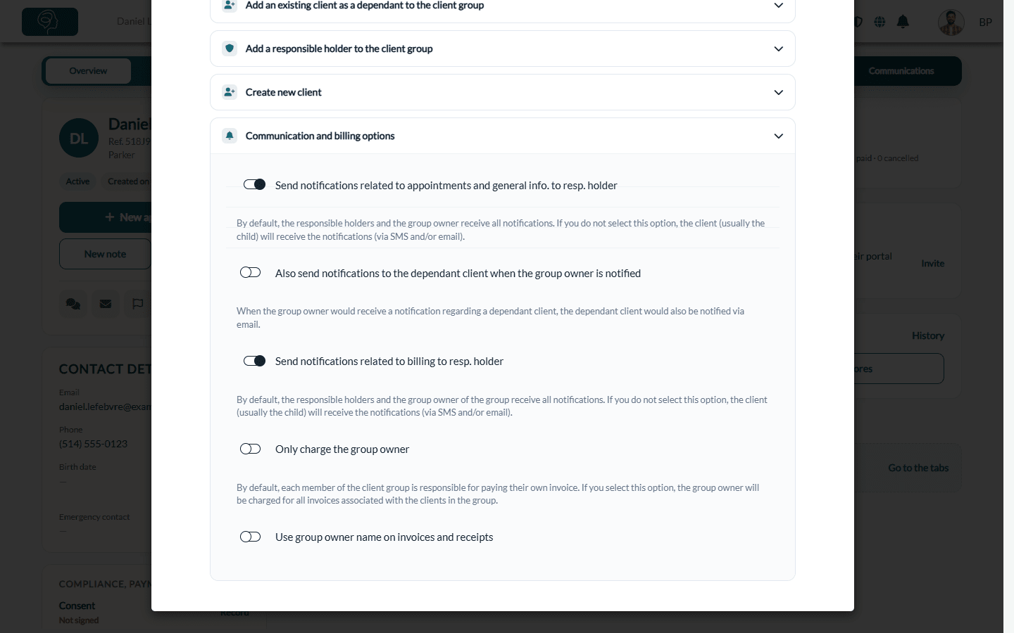 Communication and billing options of a client group