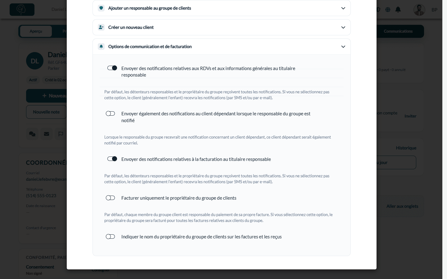Options de communication et de facturation d'un groupe de clients